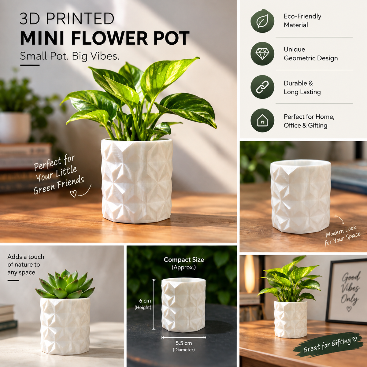 Geometric Mini Flower Pot | Modern Decorative Planter for Small Plants & Succulents